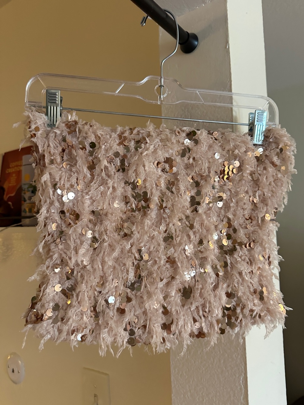 Zara - Sequin Feathered Tube Top - Blush Pink with Gold Sequins - size s